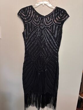 Elegant Black Beaded Fringe Midi Dress